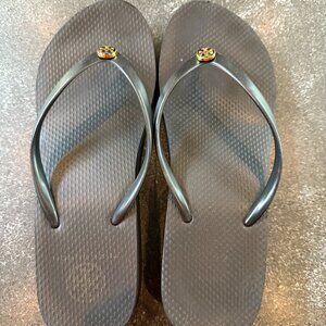 TORY BURCH Logo Black Rubber Wedge Platform Flip Flops Sandals, SIZE 9
